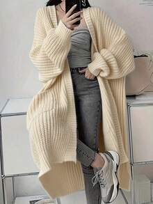 Cárdigan de punto de corte relajado, largo hasta la rodilla, para mujer, otoño/invierno Cárdigan de punto versátil, holgado, de manga larga - Albaricoque - Ver 5