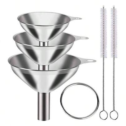 3 Pcs Stainless Steel Kitchen Funnels Small Metal Funnels Flask Funnels Filling Bottle Funnels With 2 Pcs Cleaning Brushes Spices Lotion,Kitchen Essentials Funnel Set, Multi-Size For Oil, Wine, And Kitchen Organization, Splatter Proof, Easy Storage For Kitchen Organization