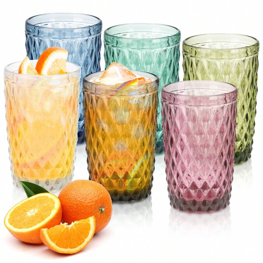 6-Piece Vintage Colored Glassware Set – Premium Embossed Diamond Tumblers For Iced Coffee, Tea, Juice, Beer, And Cocktails - Ideal For Home, Parties, And Weddings - 彩色 - 查看 1