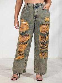 Women's Plus Size Ripped Jeans, Street Style - Grey - View 4