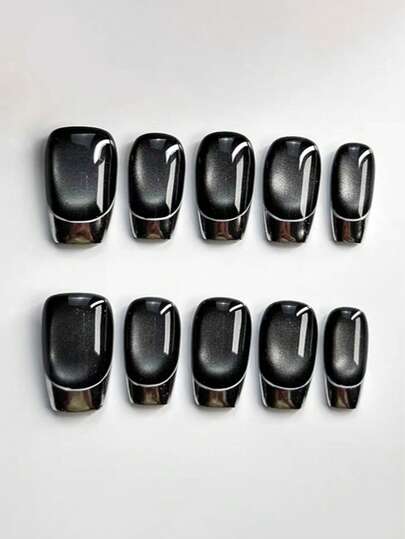 10 pezzi di unghie finte a pressione, lunghe, a forma di bara, con occhio di gatto nero e effetto specchio, stile francese, eleganti e delicati, avanzati e carini, adatti per signore e ragazze, per primavera, estate, autunno, inverno, festival, feste e uso quotidiano