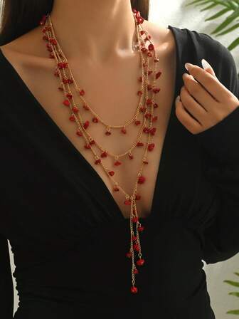 1pc Bohemian Style Sexy Fashion Multi-Layer Wrapped Red Beaded Long Chain Necklace, Versatile Wrap-Around Wear, Suitable For Women Casual, Holiday, Party