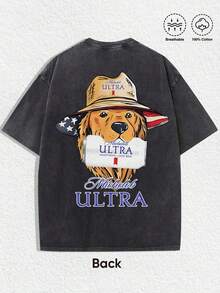 1 PCS "Michelob Ultra - American Dog" Vintage Graphic Tee: Washed Shirt (Available In Gray/Dark Gray) With "Michelob Ultra" Logo (Front), Back Art Of Dog In American Flag Hat Holding Michelob Ultra Beer. Made Of 100% Breathable Cotton, Spring/Summer/Fall Men Clothes, Regular Fit Shirt,  Halloween & Christmas & Thanksgiving Day & Valentine's Day & Pride & Father's Day & Easter & Mother's Day & New Year & Spring Festival, Men's Round Neck Printed Short Sleeve Casual Everyday T-Shirt, They Are Excellent Gifts For Friends And Family, 100% Cotton T-Shirts Feature, A Youthful And Fashionable Design, Graphic Tees Men, Graphic Tees Women, Back To School Shirt, College Essential - 黑色 - 查看 3