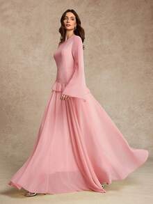 Women's Elegant Ruffle Trim Tie-Waist Flare Sleeve Dress, Spring/Summer - Pink - View 5