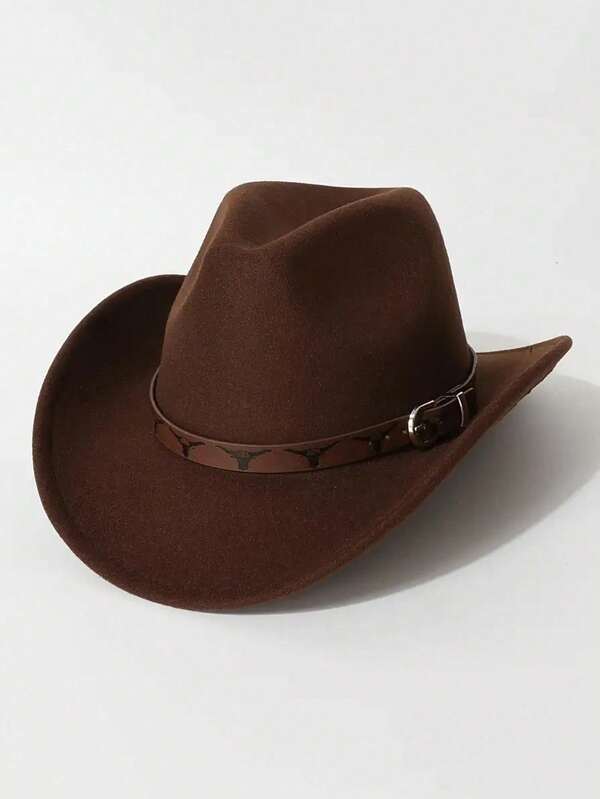 A Classic Cowboy Hat For Both Men And Women, Paired With A Brown Belt And A Silver-Black Bull Logo, And A Metal Buckle, Is An Adjustable Outdoor Performance Hat Suitable For Both Men And Women. It Is Perfect For Casual Daily Wear, Outdoor Activities, Horseback Riding, Party Stage Performances, And Western Cowboy Gatherings