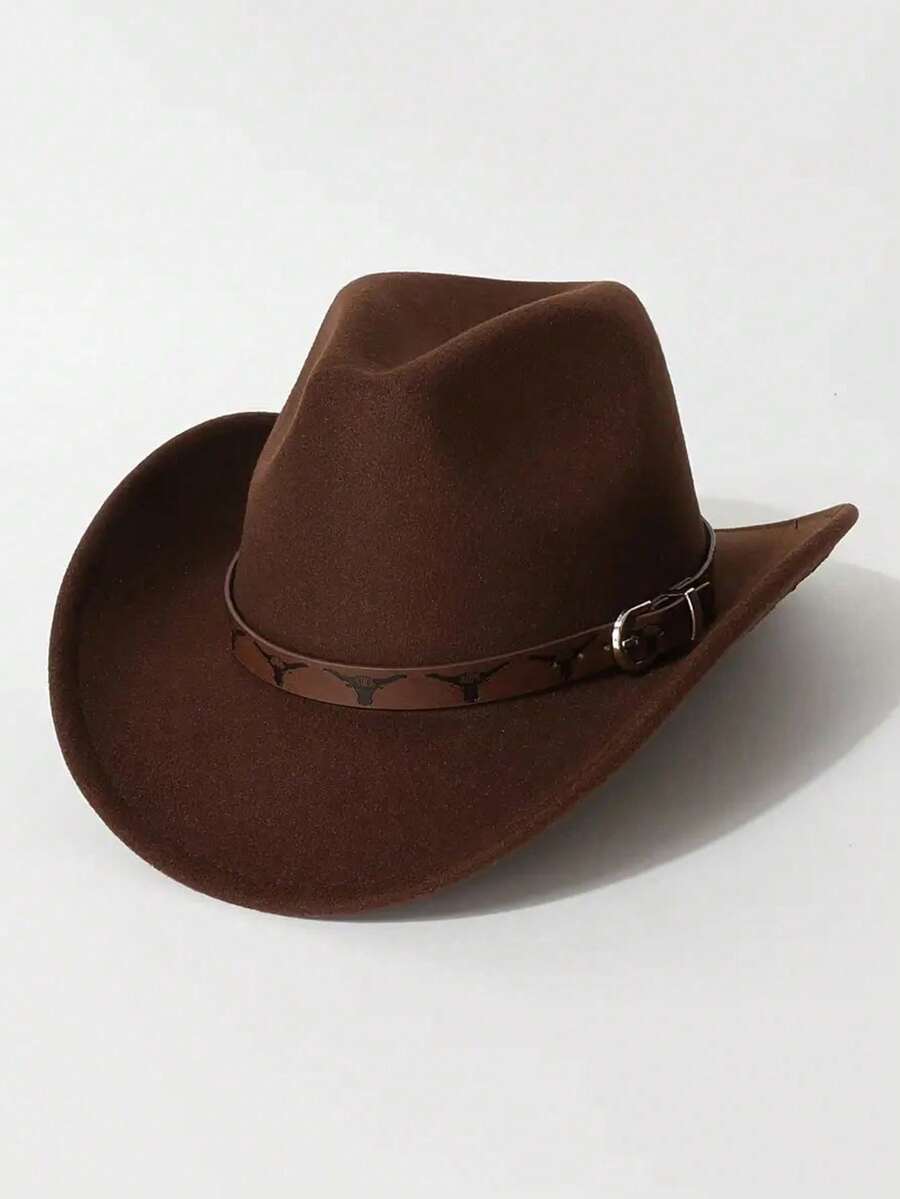 A Classic Cowboy Hat For Both Men And Women, Paired With A Brown Belt And A Silver-Black Bull Logo, And A Metal Buckle, Is An Adjustable Outdoor Performance Hat Suitable For Both Men And Women. It Is Perfect For Casual Daily Wear, Outdoor Activities, Horseback Riding, Party Stage Performances, And Western Cowboy Gatherings