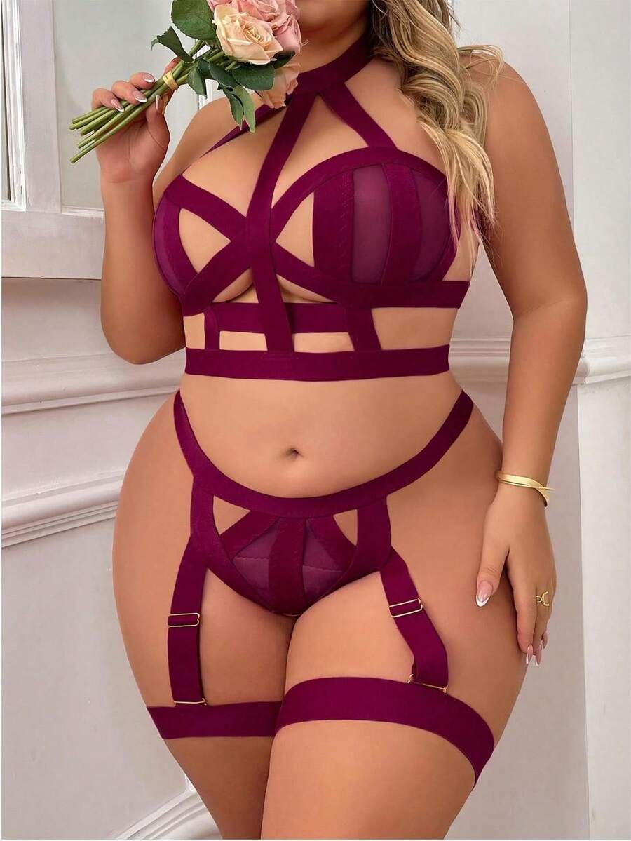Plus Size Women's Strappy Harness Hollow Out 4-Piece Lingerie Set - Criss Cross Bra, Thong & Garters With Free Gift - 酒紅色 - 查看 1
