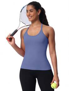 Workout Tank Tops For Women Built In Shelf Bras Padded -Racerback Athletic Tank Tops Ribbed Yoga Shirts - 灰藍色 - 查看 7