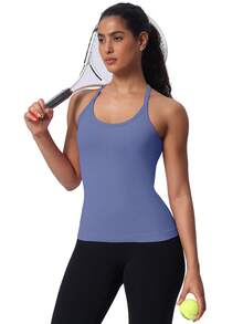 Workout Tank Tops For Women Built In Shelf Bras Padded -Racerback Athletic Tank Tops Ribbed Yoga Shirts - 灰藍色 - 查看 6