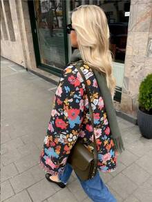 Chaqueta casual de mujer con botones, estampado floral, ribete de volantes y forro de felpa, para otoño/invierno