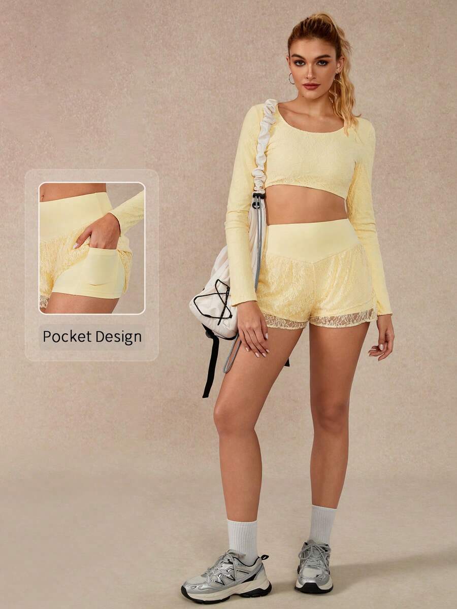 NcmRyu 1 Set Completo Sportivo Donna in Colore Tinta Unita con Inserti in Pizzo, Manica Lunga e Pantaloncini Corti, Adatto per Uso Quotidiano e Casual