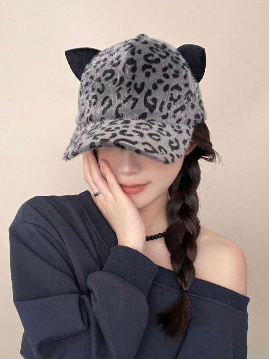 Gorra de béisbol con estampado de leopardo vintage para mujer, gorra con cierre a presión de felpa cálida, estilo coreano versátil para protección solar, otoño/invierno