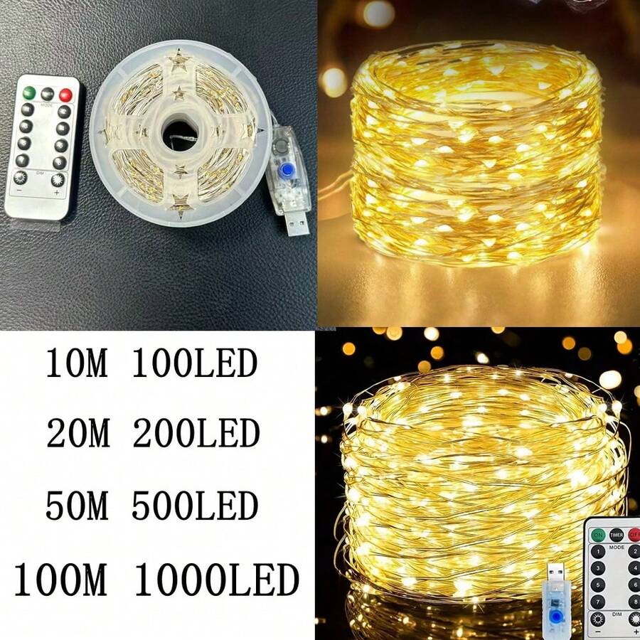 1 件 100M/1000 LED 铜线仙女灯串,具有 8 种照明模式,USB 供电,带遥控器,适用于婚礼、派对、家居、卧室、圣诞节、万圣节室内外装饰 - USB遙控器款 - 查看 1