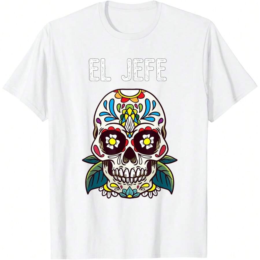 El Jeffe Flor Sugar Skull Dia De Los Muertos Camiseta - Blanco - Ver 1