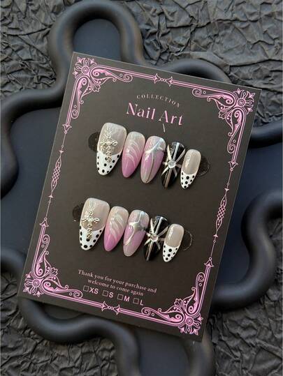 10 Pieces Handmade Press On Nails Medium Length Almond-Shaped Nails In Light Purple Featuring Cow Spot French Tips, Adorned With Cross Accessories. They Look Simple Yet Fashionable, Suitable For Girls Or Women For Daily Wear And Attending Parties, Etc.