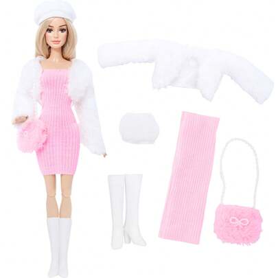 30cm Doll Outfit Set: White Plush Jacket, Pink Fitted Dress, Hat, Shoes, Bag (Doll Not Included), Princess Toy Birthday/Holiday Gift