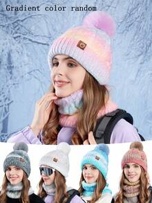 OBOVAY Conjunto de gorro y bufanda con forro térmico y degradado de color aleatorio para mujer, gorro de punto con pompón y bufanda infinita cálida, apto para esquiar y uso diario - Gradiente - Ver 12