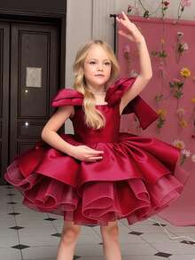 Burgundy Bow Tulle Christmas Party Elegant Dress, Princess Dress Suitable For Girls' Birthday Party, Wedding Flower Girl, Prom, Thanksgiving, Graduation Ceremony - Burgundy - View 5