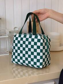 Bolso de mano grande de nailon con estampado de cuadros, bolsa de almuerzo de moda