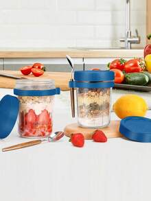 16oz/500ml [1/2 Pack] Overnight Oats Mason Jar With Spoon Lid, Sealed Oatmeal Container With Measurement Markings, Portable Cereal Canister - Blue/1pc - View 4