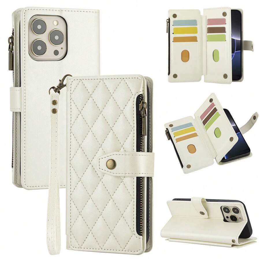 1pc Flip Cover Protective Case Compatible With Apple 17 ProMax/16/15/14/13/12/11pro, Wallet Phone Case With Card Slot, Wrist Strap, Zipper Pocket - White - View 1