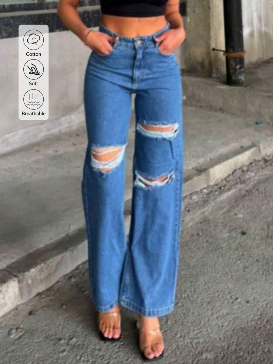 Women High Waist Knee Laser Ripped Wide Leg Jeans Pants, Solid Color Pockets With Zipper - Blue - View 1
