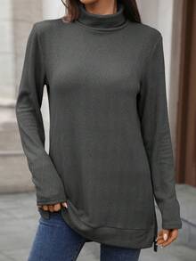Womens Knit Tops Fall Long Sleeve Turtleneck Solid Color Slit Hem Casual Pullover Sweater - Dark Grey - View 2