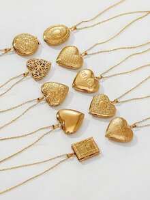 1pc Vintage Stainless Steel Locket Pendant Necklace, Open Design Can Hold Photos, Hollow Round Frame Necklace - Yellow Gold - View 2