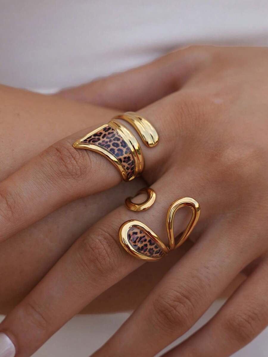 1pc Stainless Steel Geometric Leopard Print Open Ring, Minimalist & Fashionable Design, Suitable For Daily Wear, Gift For Girlfriend/Friend (Adjustable Size, Please Avoid Forceful Bending To Prevent Deformation) - Multicolor - View 1