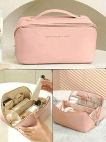 1pc PU Leather Waterproof Makeup Bag, Cosmetic Organizer Pouch, Lightweight Toiletry Bag, Waterproof PU Skincare Bag, Large Capacity Double Layer Makeup Bag With Compartments, Cosmetic Travel Bag