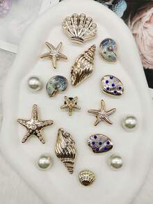 16pcs ABS Resin Gold Luxury Seascape Shell Shoe Charms, Shiny Rhinestone Seashell Shoe Clips, Detachable Starfish Shoe Buckles, DIY Multifunctional Shoe Clips, Suitable For Women's Sandals, Slippers, Beach Bags, Christmas, Halloween, Valentine's Day, Birthday, Holiday Party Gifts (Shoes Not Included) - Multicolor 16PCS Style No.267 - View 6