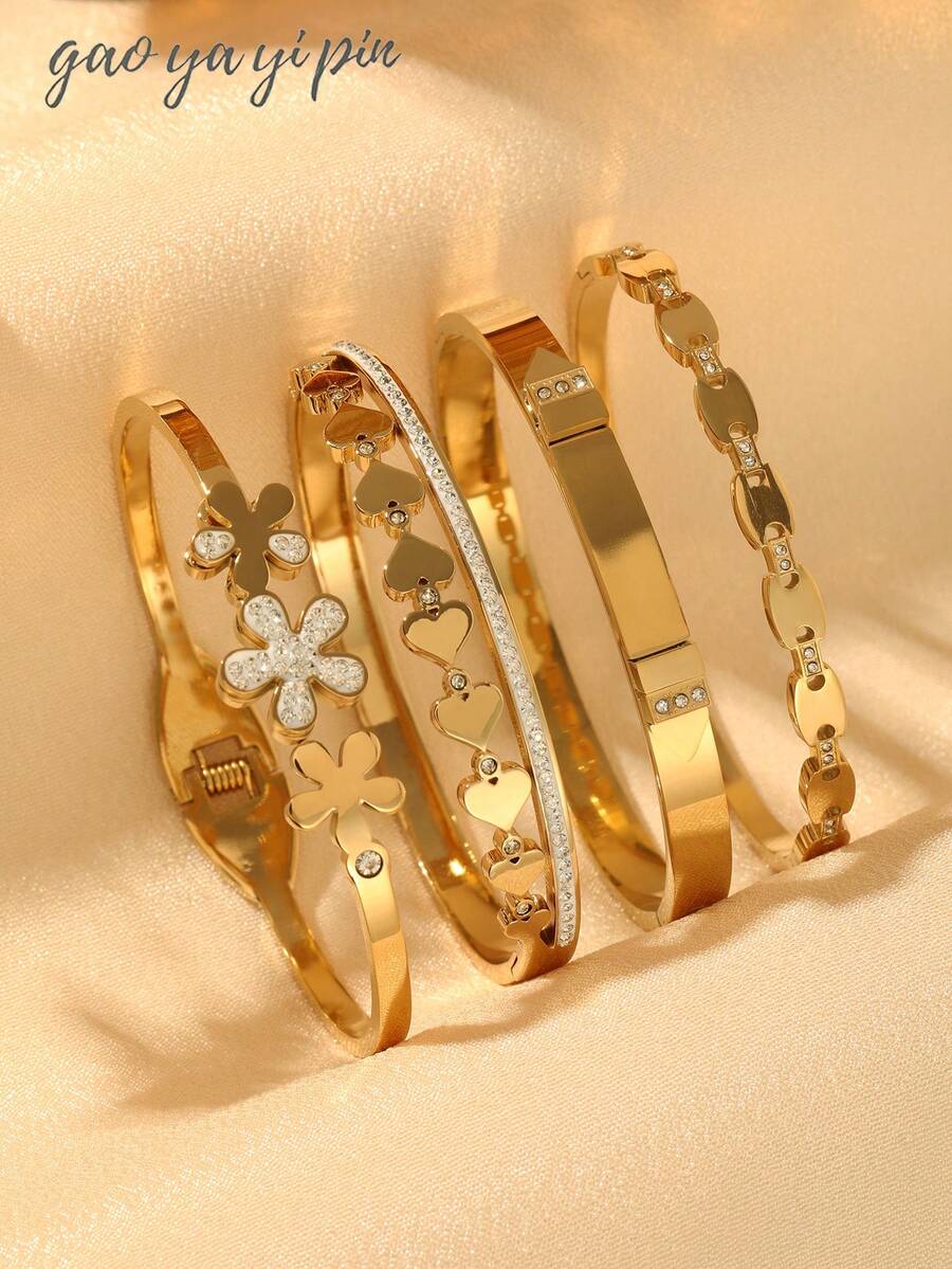 18K Gold Plated Stainless Steel Cuff Bracelet With Flower & Heart Design - Elegant Style Women's Gold Bracelet, No Mosaic, Party & Holiday Accessory, Suitable For All Seasons - Gift For Valentine's Day, Mother's Day, Halloween, Christmas