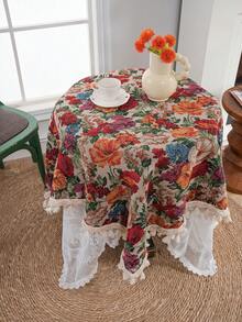 1 khăn trải bàn tròn hoa nhiều màu Jacquard, trang trí tua rua thắt nút thủ công, phong cách trang trại cổ điển, thích hợp cho các ngày lễ, họp mặt gia đình, tiệc sinh nhật, trang trí nhà cửa, mọi mùa - Nhiều màu - Xem 1