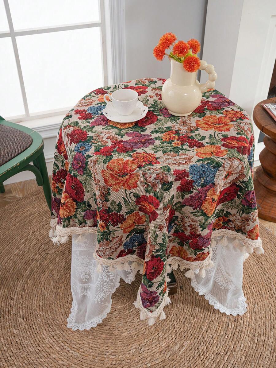 1 khăn trải bàn tròn hoa nhiều màu Jacquard, trang trí tua rua thắt nút thủ công, phong cách trang trại cổ điển, thích hợp cho các ngày lễ, họp mặt gia đình, tiệc sinh nhật, trang trí nhà cửa, mọi mùa - Nhiều màu - Xem 1