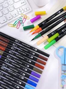 120PCS Dual Markers Double Point Fine & Brush Pen Sketch Colors Watercolor Drawing Professional Drawing Art Marker For School Supplied Students Stationery