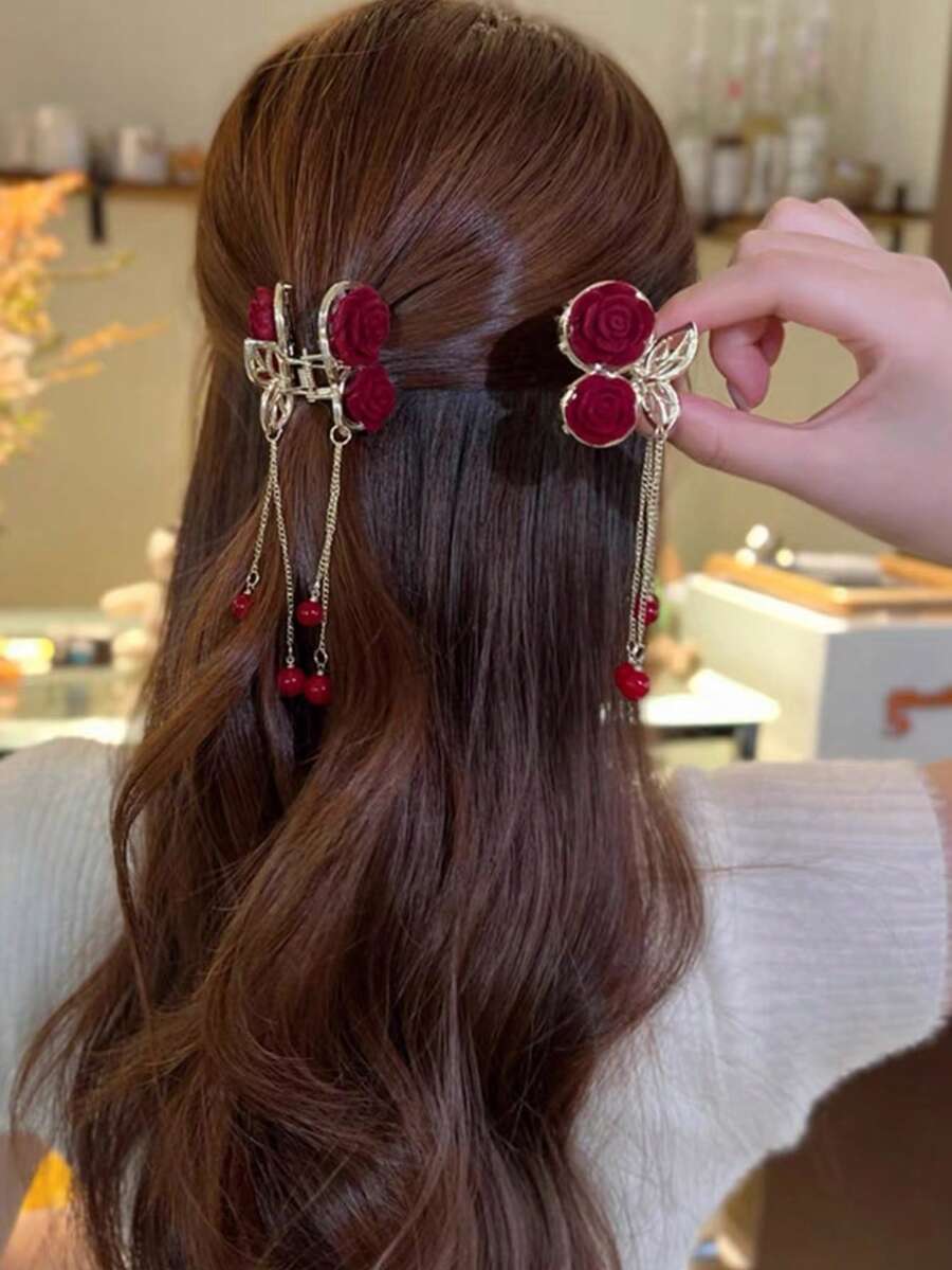 Presilha de cabelo feminina pequena com strass, rosa e borboleta, ideal para uso diário no outono e inverno. Acessório elegante para cabelo, perfeita para looks de férias e para o verão. - Vermelho - Ver 1