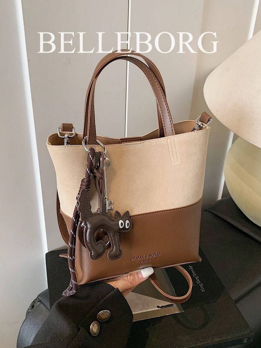 1pc Fashionable Minimalist Mother-Child Handbag With Pendant For Women - Coffee - View 1