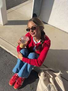 Cárdigan de punto para mujer de manga larga, cuello redondo, cierre con botones, detalles de punto acanalado, longitud regular, elástico, cárdigan rojo, suéter casual - Rojo - Ver 6