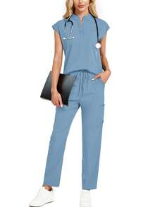 2pcs Set: Allover Print Mandarin Collar Top And Drawstring Pants Loungewear Spring - Light Wash - View 2