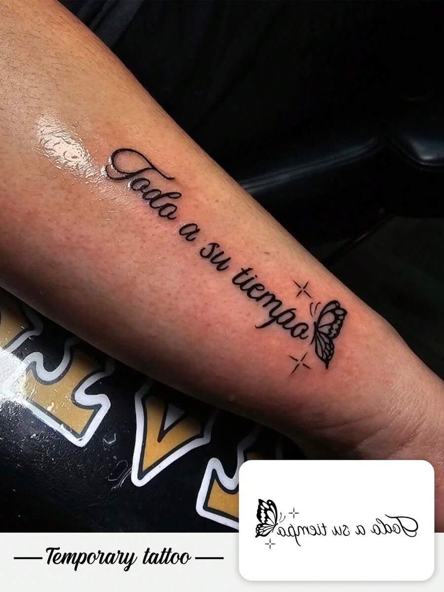 1 pieza Tatuaje temporal impermeable con estilo Y2K de mariposa y texto inspirador, a prueba de sudor, no reflectante, adecuado para el brazo/hombro, accesorio de moda - Negro - Ver 1