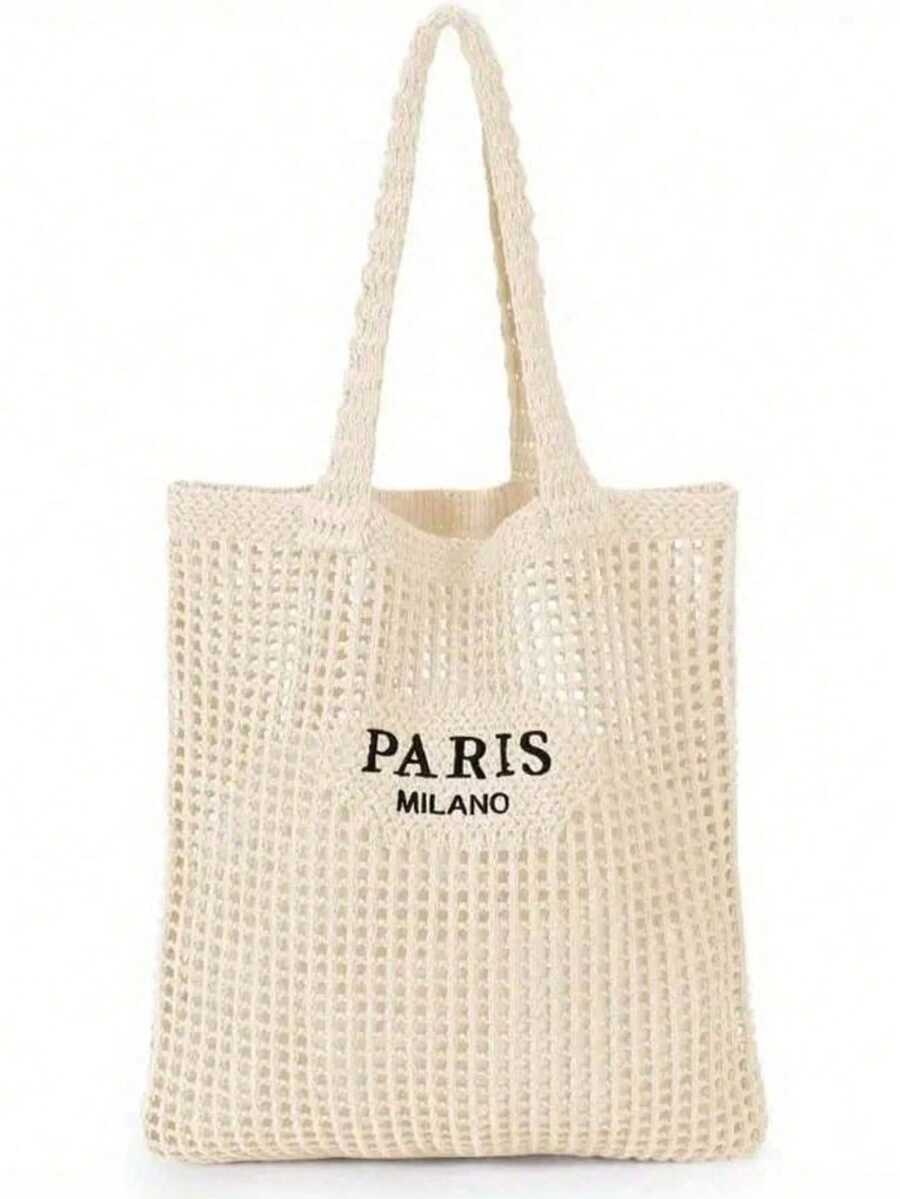 1pc- Knitted Shoulder Bag, Multifunctional Photo Prop Beach Bag With Embroidered Hollow Letters, Leisure Travel Handbag, Beach Necessities, Beach Necessities, Beach Supplies And Summer Necessities, Latest Holiday Bag, And Design-Conscious Leisure Storage Bag, Suitable For Holiday Travel, Holiday Gifts, Christmas Decorations And Christmas Gifts. (Styles Shipped Randomly)