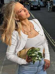 2025 Nowy modny kardigan w stylu streetwear, zapięcie na guziki, jednolity kolor, dopasowany krój, długi rękaw, bluzka damska