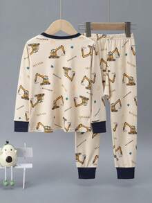 2pcs/Set Toddler Boys Cartoon Excavator Print Thick Long Sleeve Top And Long Pants Pajama Set, Autumn/Winter