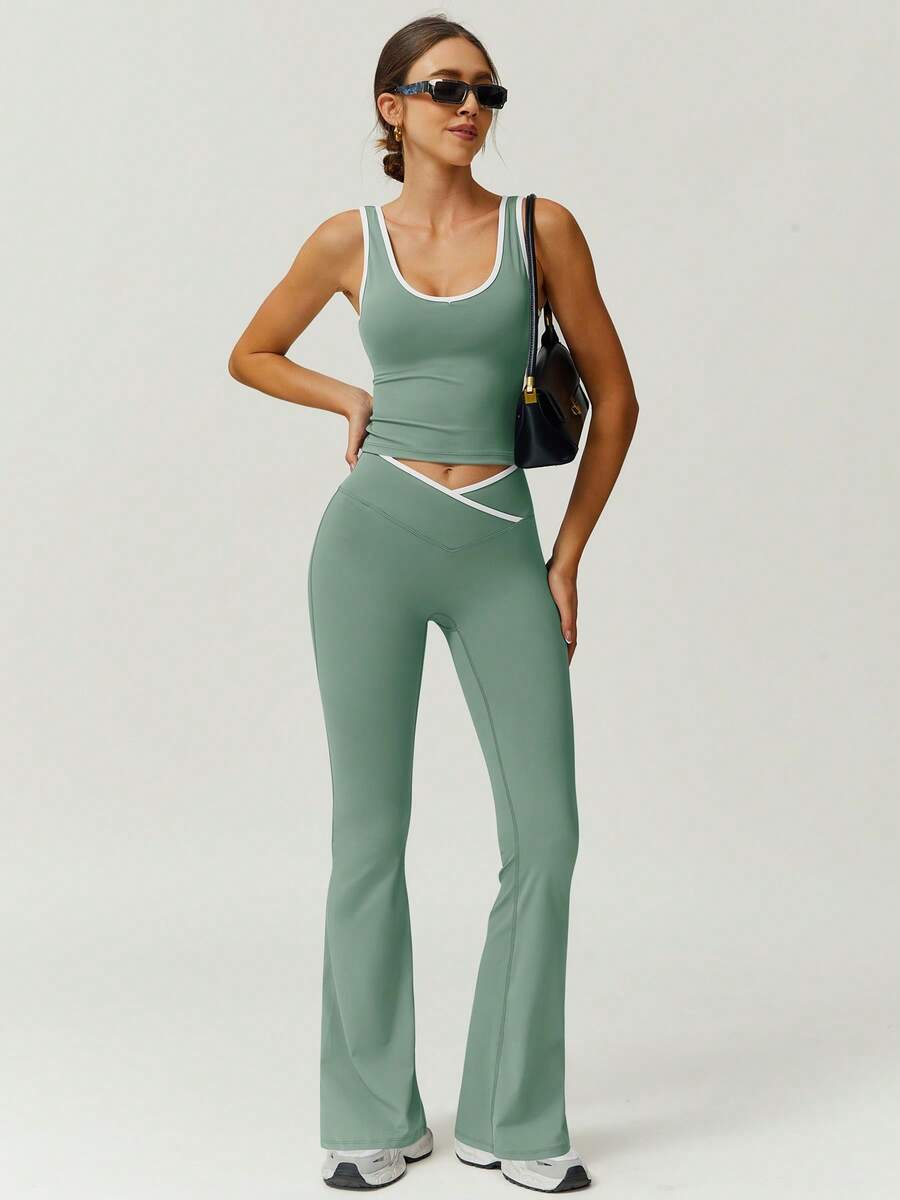 NcmRyu 1 Set Women's High Elasticity Contrast Color V-Neck Waist Cinching Casual Everyday Wear Yoga Fitness Suit (Top & Pants) - Green - View 1