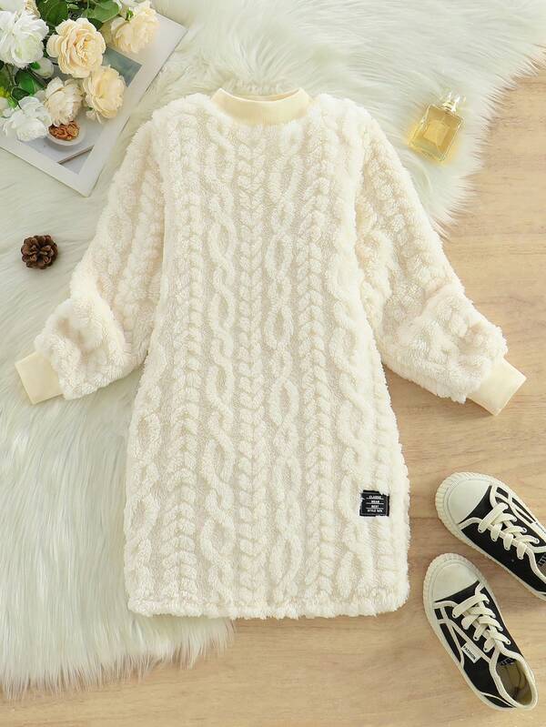 Girls Casual Solid Color Minimalist Double-Sided Fleece Jacquard Wheat Ear Pattern Stand Collar Long Sleeve Short Dress, 2025 New Autumn/Winter