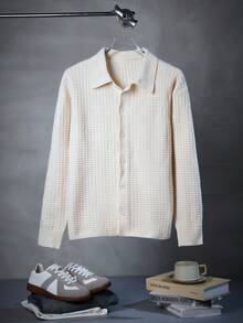 Men's Casual Loose Simple Elegant Korean Style Versatile Commuting Solid Color Jacquard Polo Collar Button Front Cardigan Knit Sweater Jacket, Autumn/Winter