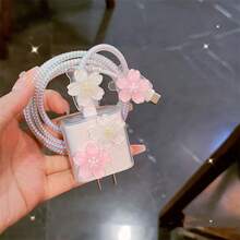 简约花卉充电保护壳，适用于 Apple 14/13/16/15 系列快速充电适配器，20W 充电器保护器，理想礼物 - 粉紅白 - 查看 3