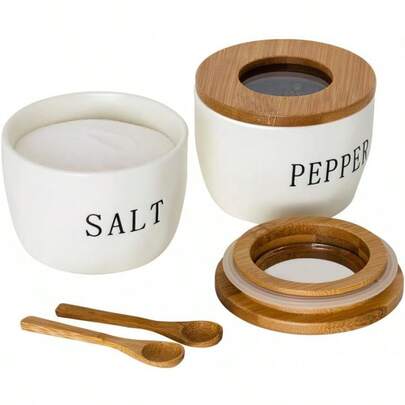 Juego de  cuencos de sal y pimienta, recipientes de cerámica para sal y pimienta con tapa y cuchara de bambú herméticos visibles, juego de salero blanco y pimienta, caja de sal, con tapa