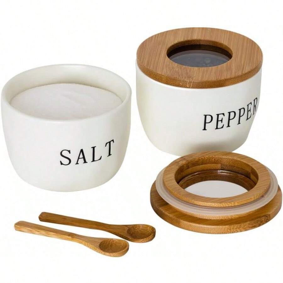 Juego de  cuencos de sal y pimienta, recipientes de cerámica para sal y pimienta con tapa y cuchara de bambú herméticos visibles, juego de salero blanco y pimienta, caja de sal, con tapa - BLANCO - Ver 1