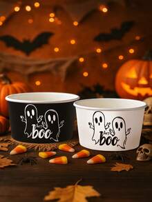 10pcs Halloween Themed Disposable Paper Bowl, Halloween Black White Ghost Pattern Party Decoration Paper Bowl, Halloween Ghost Disposable Food Container, Halloween Dining Table Decoration Paper Bowl, Halloween Horror Element Disposable Paper Container, Paper Bowl Container For Treat Candy Snack Nacho Cookie Trick Or Treating Birthday Party Favor, Halloween Decoration, Halloween Food Tray